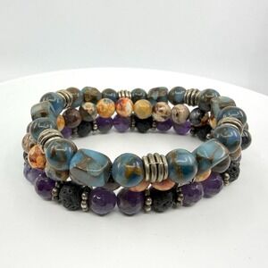 Y2K Multi-Strand Gemstone Bracelet Set 3 Pc Stacking Layered Beads Classic Gift